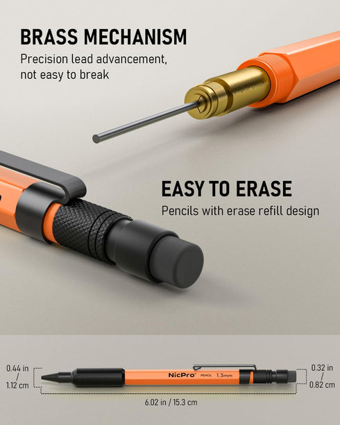 Nicpro 3 PCS 1.3 mm Orange Mechanical Pencils Set - Weatherproof Metal Barrel with 66 Lead Refill and 3 Erasers