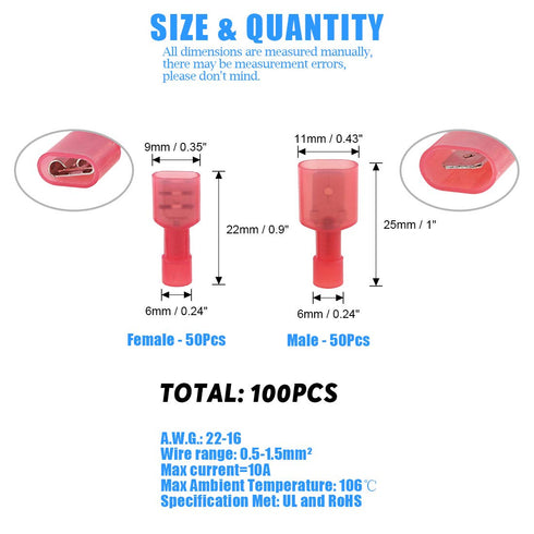 Glarks 100pcs Fully Insulated Female/Male Spade Nylon Quick Disconnect Electrical Crimp Terminals Kit, 22-16 Gauge