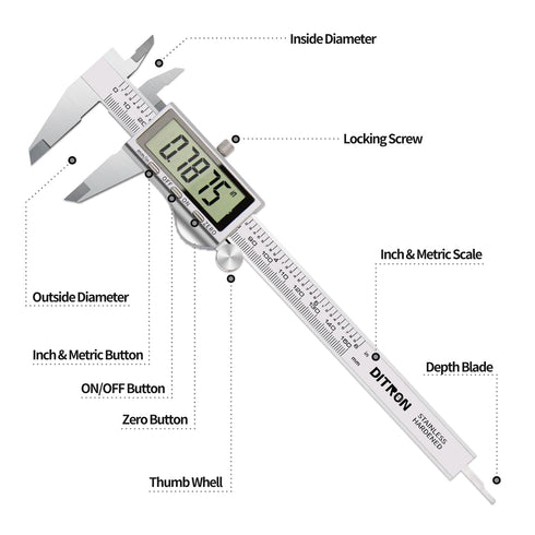 Digital Caliper, Vernier Calipers Measuring Tool, Stainless Steel Electronic Digital Calipers with Large LCD Screen, 6 inch/ 150mm, Auto - Off, Inch/mm Conversion