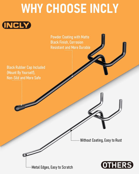 INCLY 120 Pack Black Pegboard Hooks, 4/6/8 Inch Accessories for 1/8“ and 1/4" Pegboard Hanging Tools
