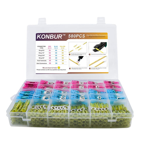580Pcs Heat Shrink Wire Connectors, Insulated Electrical Terminals Kit for Waterproof Marine Automotive Crimp
