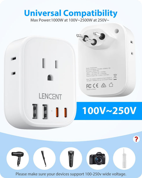LENCENT Switzerland Travel Plug Adapter, Swiss Power Adaptor with 4 American Outlets, 4 USB Chargers