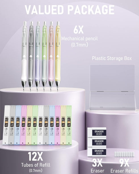 Nicpro 6PCS Pastel Mechanical Pencil Set - 0.7 mm Cute Pencils with Comfort Grip, Lead Refill & Erasers