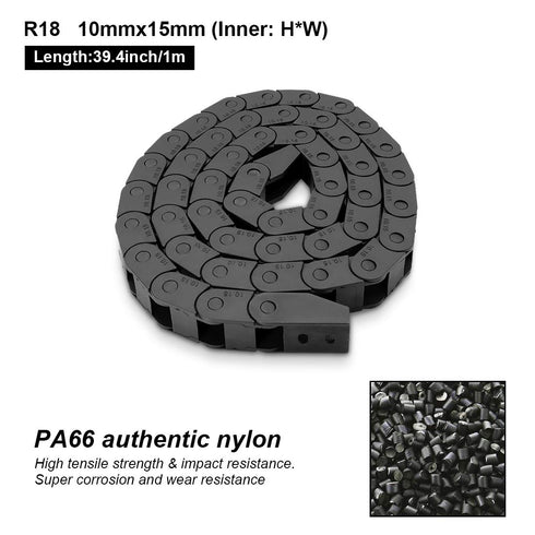 R18 Black Plastic Cable Wire Carrier Drag Chain, 10mm x 15mm, 1M Length for CNC with End Connectors