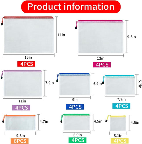 Vuzvuv 34pcs Mesh Zipper Pouch Set - 8 Sizes Plastic Document Pouch with Label Stickers, 8 Colors Waterproof for File,