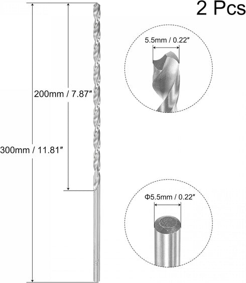 uxcell Extra Long Twist Drill Bits, HSS 5.5mm Diameter, 300mm Length for Metal, Woodwork, Plastic, Aluminum Alloy (2