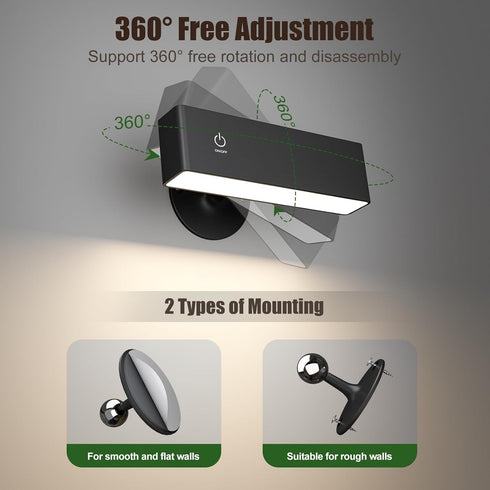 Set 2, 4000mAh 360 Dimmable YiLaie Battery Operated Wall Sconces of LED Wall Mounted Lights with Rechargeable Battery