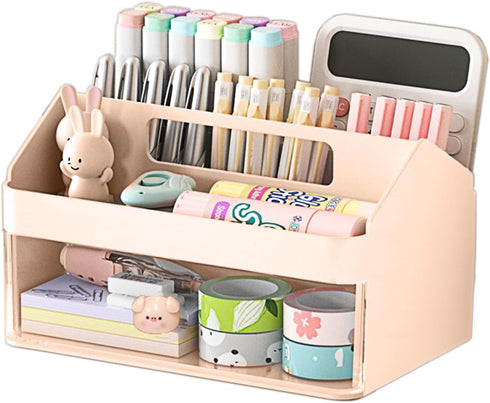 Marte Vanci Desk Organizer with Drawer, Cute Desktop Stationery Caddy, Plastic Makeup Storage Box for Home Office Crafts