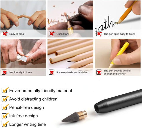 AUAUY 2PCS Metal Inkless Pencil, Reusable Everlasting Pencil with 2 Replaceable Nibs for Writing Drawing