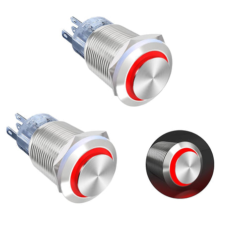 Latching Push Button Switch, 36V Waterproof Stainless Steel Metal, 3/4" Mounting Hole Red LED SPST Switch, 2 Pcs