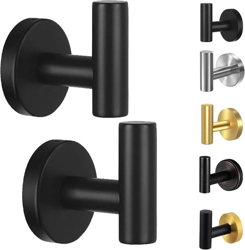 Towel Hooks for Bathroom, 2 Pack Wall Mount Heavy Duty Black Matte Towel Holder for Kitchen & Bedroom