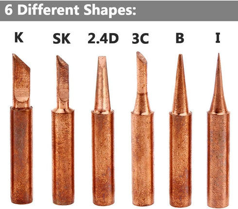 Yakamoz 12Pcs Soldering Tips Kit 900M Lead-Free Copper Solder Iron Tip Welding Tool Replacement Accessories for Hakko, Radio Shack, TENMA, ATTEN, Quick, Aoyue, Yihua Solder Station (6 Different Shape)