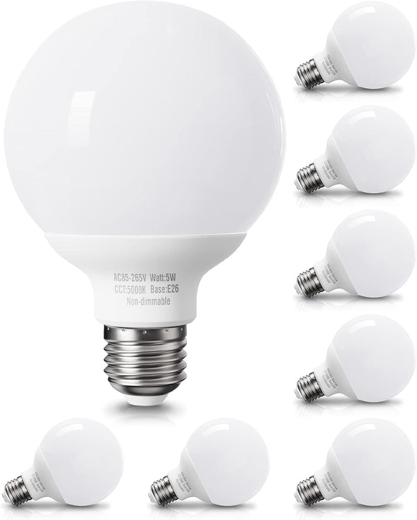 8 Pack Daylight LED Globe Light Bulbs, 120V 60 Watt Equivalent, E26 Medium Base, Non-Dimmable 5000K Bright G25