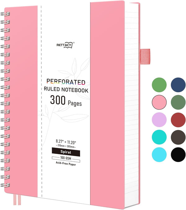 RETTACY A4 Spiral Notebook, College Ruled with 300 Perforated Pages, 100 GSM Paper, 8.27" × 11.2" (Pink)