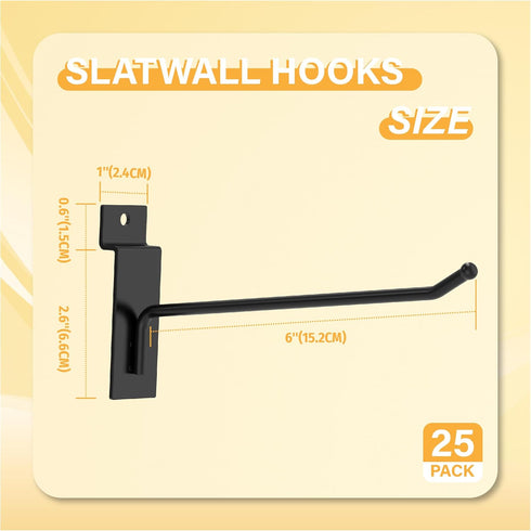 Black Slatwall Hooks 6 Inch, 25PC Heavy Duty Slatwall Accessories, Tool Hanger