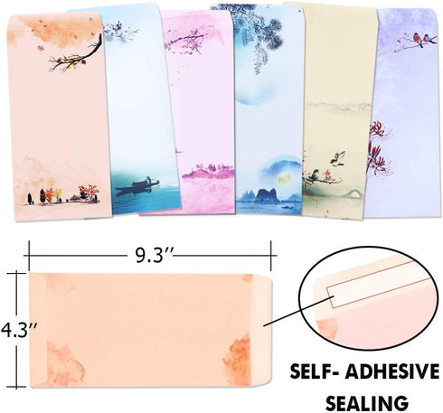 Japanese Stationery Set, 48 Pack Letter Writing Paper and Envelopes, Ink Painting Design