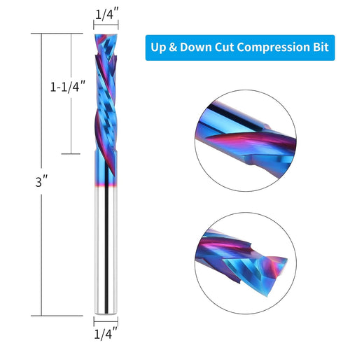 EANOSIC 1/4" Shank,1-1/4" 3 Inch, Compression Spiral Router Bits Cutting Length, Extra Long Carbide UP Down Cut CNC