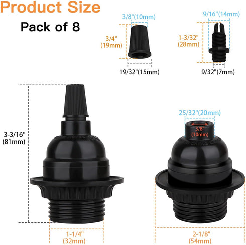 Zevnico 8 Pack E26 E27 Bulb Light Sockets, Black Medium Screw Base with Shade Ring, Retro Period Style Edison Lamp