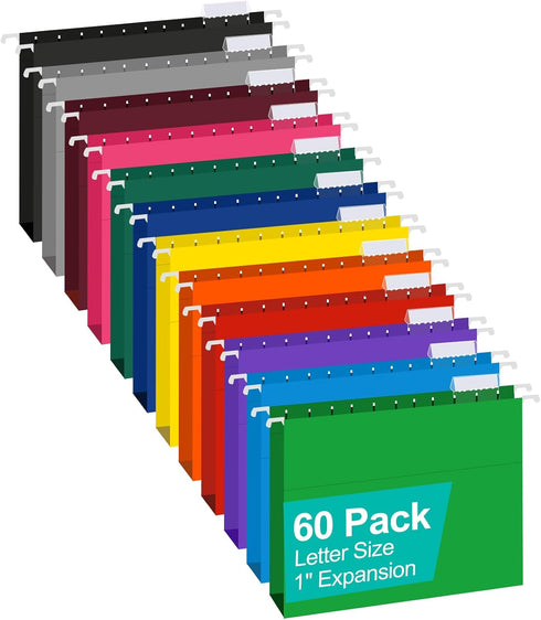 HERKKA Extra Capacity Hanging File Folders, 60 Pack, Reinforced Letter Size, 1 Inch Expansion for Bulky Files, 12