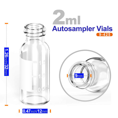 Autosampler Vials, 100 Pcs 2ml HPLC Sample Vials, Clear Glass Bottles with Write-on Spot and Graduations, 100 Pcs Blue