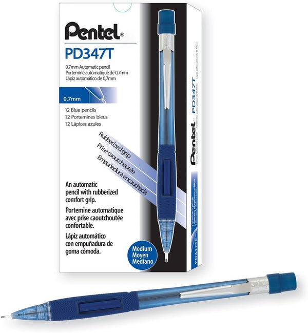 Pentel Quicker Clicker Automatic Pencil, 0.7mm Lead Size, Transparent Blue Barrel, Box of 12