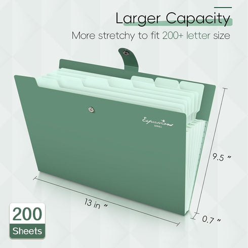 Sooez Elegant Accordion File Organizer with Labels, 8 Pocket Expanding Folder, Portable Document Organizer, Light Green