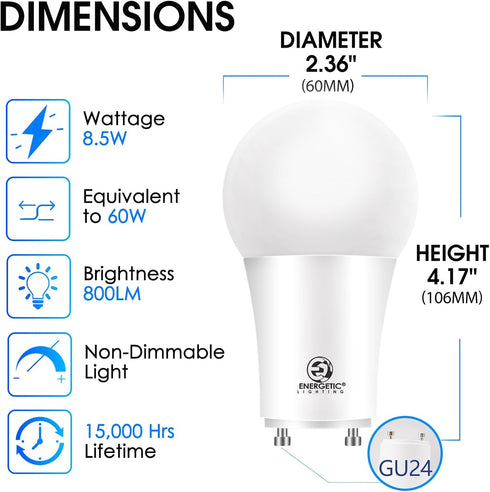 Energetic LED GU24 Base Light Bulb, 800 Lumens, A19 Shape, 60 Watt Equivalent (8.5W), 5000K Daylight, Non-Dimmable, Twist Lock Light Bulbs for Home Lighting, UL Listed, 4 Pack by E ENERGETIC LIGHTING