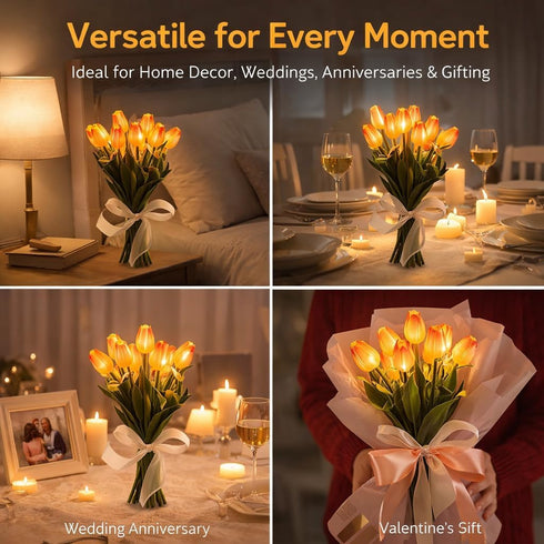 (5*White Radiant Romantic Tulip Light with Vase, LED Tulips Night Lamp, LED Artificial Flowers Ambient Night Lamp