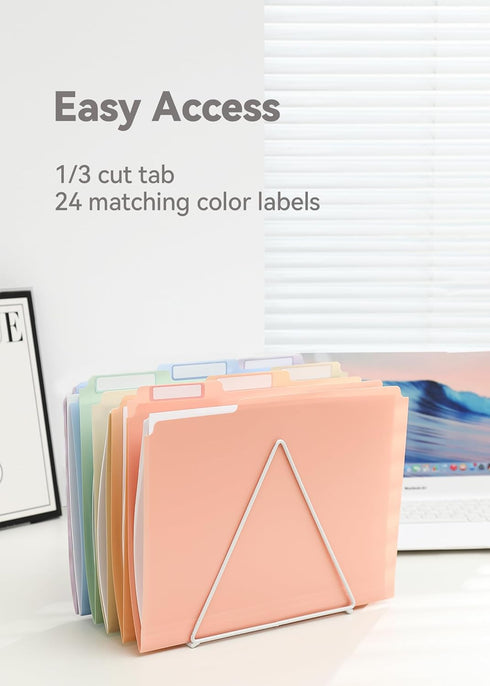 Plastic Manila Folders, 12 Pack, 8.5 x 11, Poly Pastel File Folders, 1/3-Cut Tabs with Colorful Labels