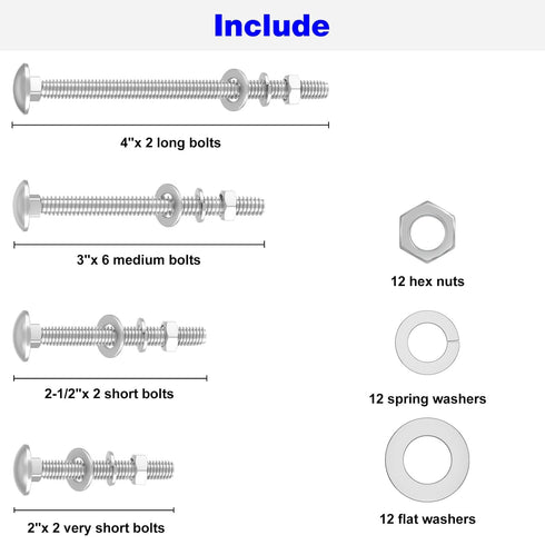 Wheelbarrow Handles Bolt Kit, Replacement Carriage Bolts and Nuts, 5/16 Stainless Hardware Kit - 12 Pack