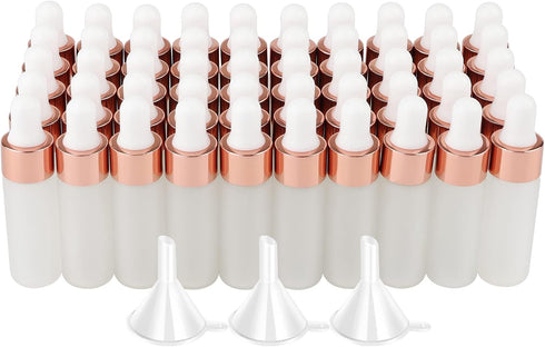 Kesell 50 Pack Dropper Bottles, 5ml Frosted Glass Sample Bottles for Essential Oils, with 3 Funnels, Rose Gold Cap