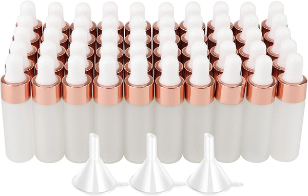 Kesell 50 Pack Dropper Bottles, 5ml Frosted Glass Sample Bottles for Essential Oils, with 3 Funnels, Rose Gold Cap