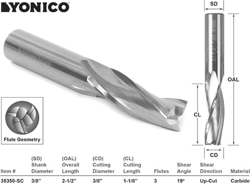YONICO Upcut Router Bits Spiral 3 Flute Solid Carbide CNC Slow Helix End Mill, 3/8-Inch Dia., 3/8-Inch Shank 35350-SC
