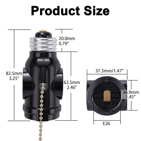 DiCUNO UL Listed E26 to 2 Polarized Outlet Socket Adapter, Pull Chain Switch Control Light Bulb, Standard (Medium) E26 Base to 2-Prong Outlet Plug Splitter Converter, Black, 4-Pack