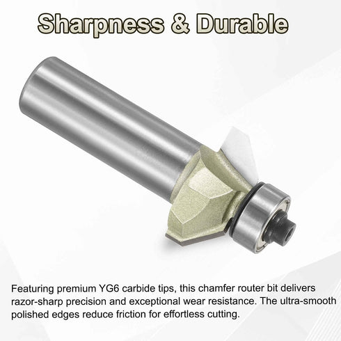 45 1/2 Inch 5/16" HARFINGTON Degree Chamfer Router Bit Shank Cutting Edge Carbide Tip with Bearing for Woodworking