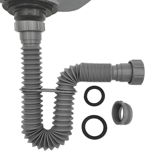 Flexible P-Trap 1-1/2" (Grey) with 1-1/4" Adapter, Female Nut for Kitchen Sink Drain, Variable Height