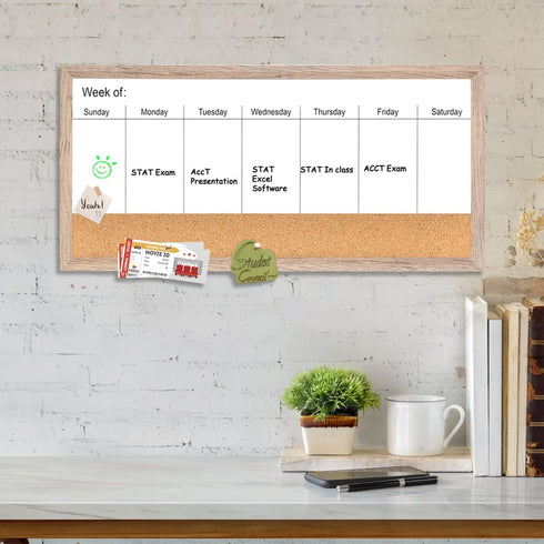 Magnetic Weekly Dry Erase White Board and Cork Board, Rustic Brown Wood Frame for Home Office and Wall Decor