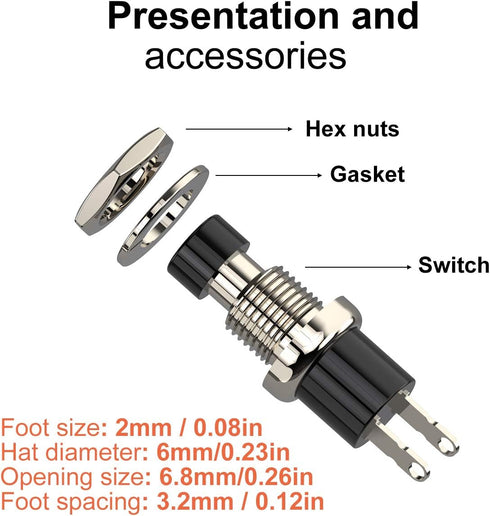 Momentary Push Button Switch, 1A 250VAC SPST Mini Pushbutton Switches, Normal Closed (NC), Black & Red Cap, 20pcs