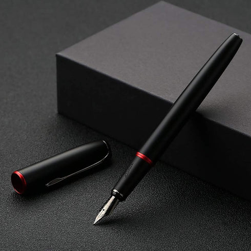 Picasso 916 Matte Black & Red Ring Fountain Pen with Box, Titanium Gray Extra Fine Nib