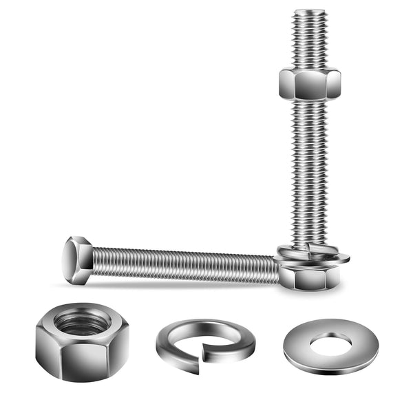 3/8-16 x 6" Hex Head Screw Bolt, Nuts, Flat & Lock Washers, 10Pcs 18-8 Stainless Steel Fully Threaded