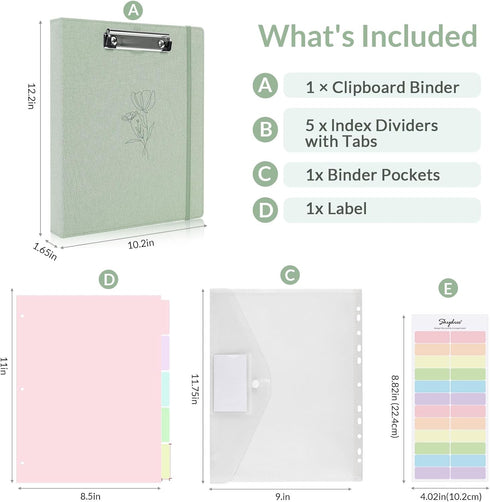 SKYDUE 3 Ring Binder with Clipboard, 1 Inch Linen Binder for 3 Hole Punch Letter Size Paper with 5 Dividers (Olive
