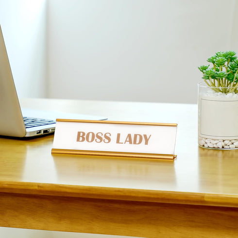 Zonon Rose Gold Boss Lady Sign, Acrylic Desk Name Plate with White Background for Women Office Decor