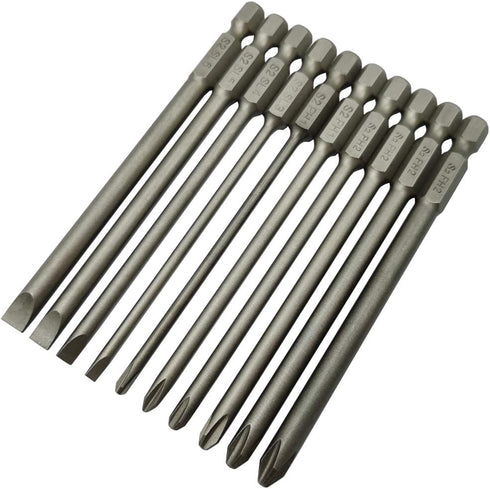 Long Slotted Head and Cross Phillips Screwdriver Bit Sets, 10Pcs with 1/4 Inch Hex Shank, 4 Inch Length