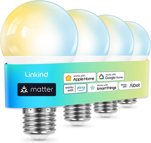 Linkind Matter Smart Bulb, Soft White to Daylight Tunable, Alexa Compatible, A19 E26, 800LM, 60W, 4-Pack