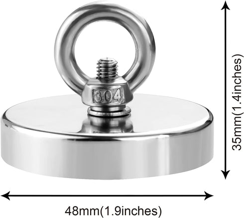DIYMAG 2Pack 270 lbs Pulling Force Fishing Magnets, with Countersunk Hole Eyebolt, Diameter 1.88 inch
