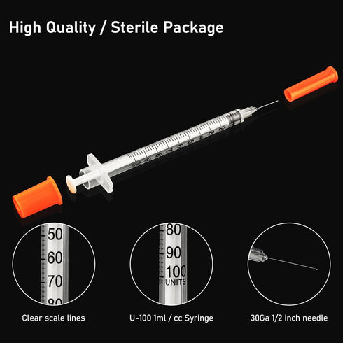U 100 1cc Syringe, 1ml 30 Gauge 1/2 inch Disposable Lab Supplies, 100 per Box