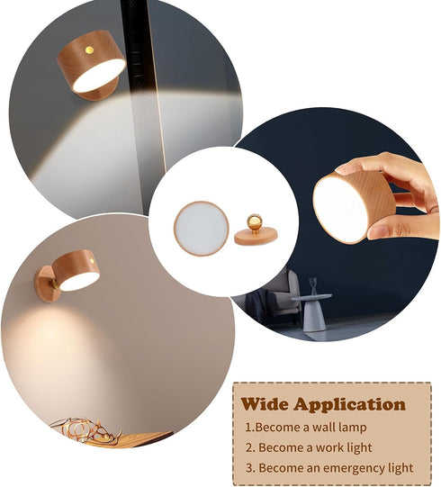 1-Pack 360 Dimmable LANDGOO Wood Wall Sconce, Beech Wood Magnetic Rotatable Cordless Bedside Lamp, Rechargeable & LED