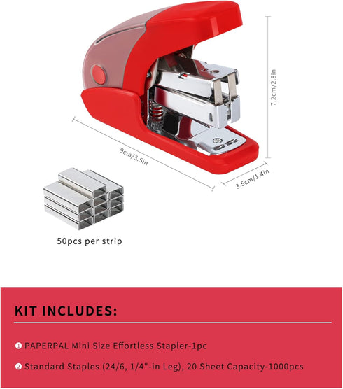 Effortless Mini Stapler Set, 20 Sheet Capacity, Integrated Remover & Staple Storage, Holds 1/4" Staples, includes 1000 Staples, Lightweight, Office, School & Daily Use, Red by PAPERPAL