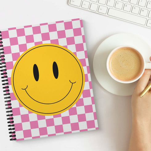 Retro Happy Face Spiral Notebook, 8.5" x 11" Journal, 120 Wide Ruled Pages, Durable Gloss Laminated Softcover Binding