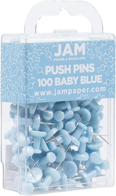 JAM PAPER Colorful Push Pins, Baby Blue Pushpins, 100/Pack